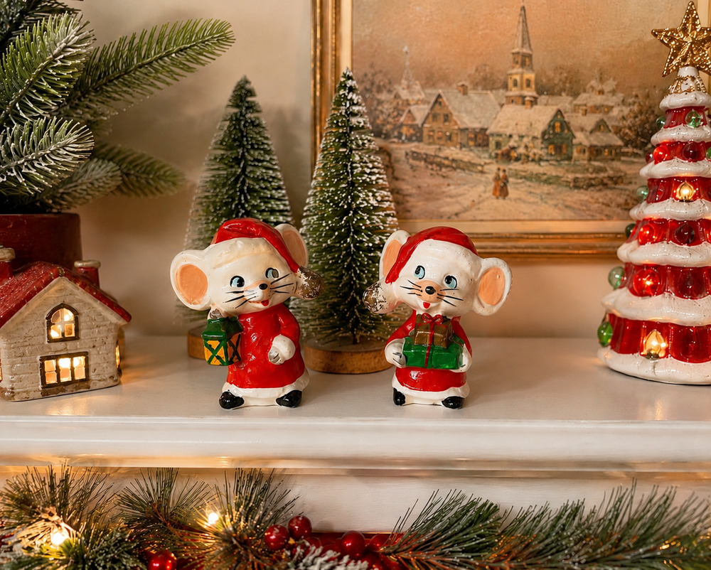 Vintage Japan Anthropomorphic Christmas Mouse Figurines Red Coat Holiday Décor
